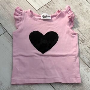 Pink Kids Tank Top with Ruffle Sleeves and Black Heart